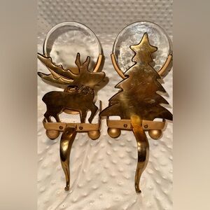 Brass Christmas Tree, Reindeer Heavy Brass Stocking Hanger Candle Holders